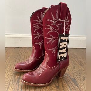 1980 RARE VINTAGE Frye Leather Pull On Red Burgundy Embroidered Cowboy Boho Boot